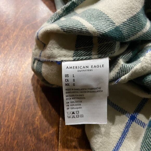 American Eagle Vintage Cream Green Plaid Flannel Button Front Shirt Men's Large - Picture 6 of 8